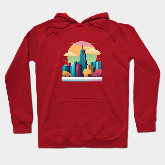 t-shirt design, colorful city skyline with buildings and clouds, vector art Hoodie by goingplaces